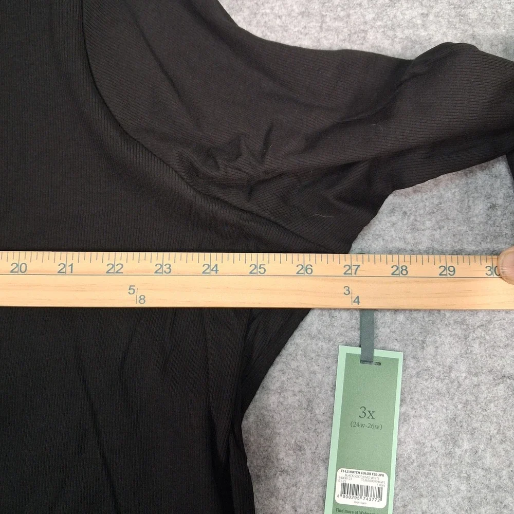 Terra & Sky Ribbed Notch Neck Tee Womens 3X Black Long Sleeve Plus Size Top